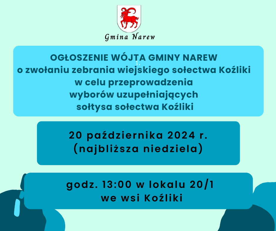 OGŁOSZENIE WÓJTA GMINY NAREW o zwołaniu zebrania wiejskiego sołectwa Koźliki w celu przeprowadzenia wyborów uzupełniających sołtysa sołectwa Koźliki 1