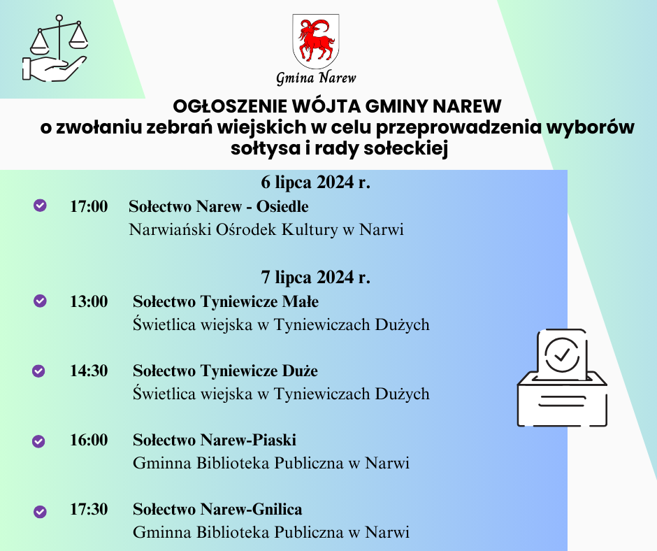 OGŁOSZENIE WÓJTA GMINY NAREW o zwołaniu zebrania wiejskiego w celu przeprowadzenia wyborów sołtysa i rady sołeckiej 1