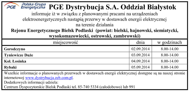 Wyłączenia energii w Gminie Narew