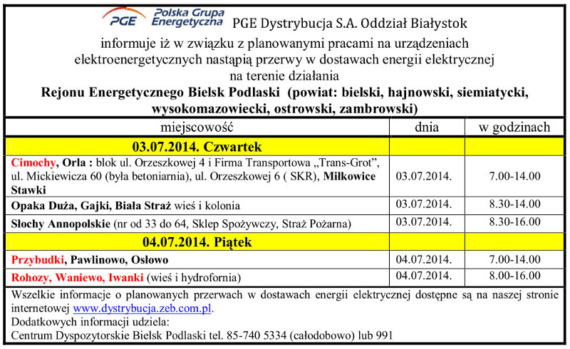 Wyłączenia energii w Gminie Narew