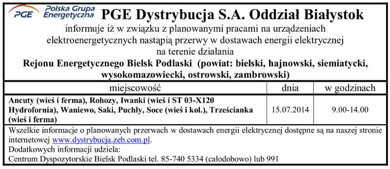 Wyłączenia energii w Gminie Narew