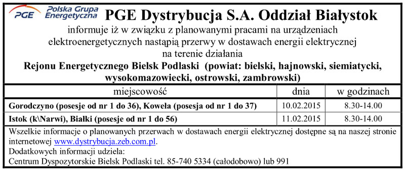 Wyłączenia energii w Gminie Narew