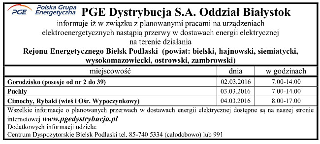Harmonogram wyłączeń energii w Gminie Narew